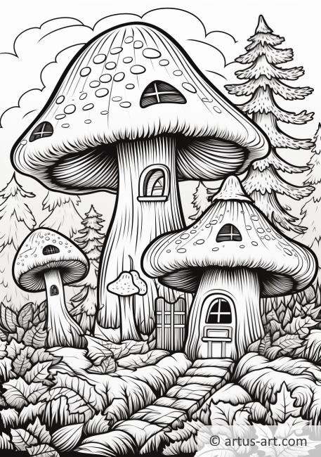 Página para colorir com cogumelo da floresta dos desenhos animados com  folhas da floresta