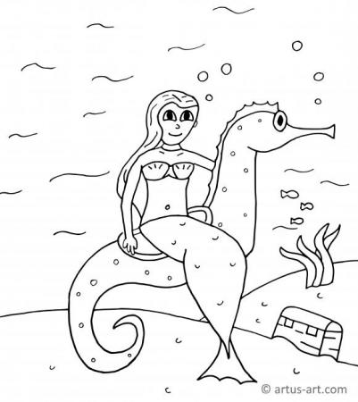 Mermaid On Sea Horse Coloring Page