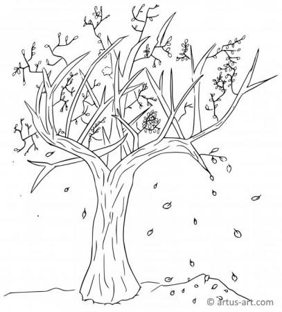 Pagină de colorat cu un copac de toamnă