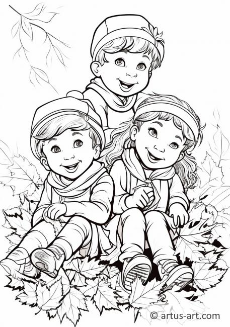 Kids Playing with Leaves Coloring Page