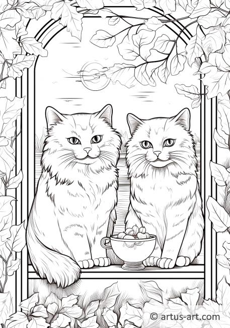 Pisici privind afară pe fereastră în pagină de colorat de toamnă