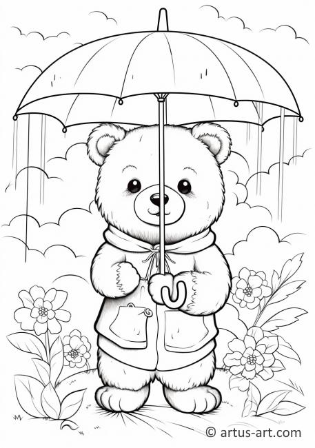 Pagină de colorat cu un ursuleț drăgălaș ținând o umbrelă în natură