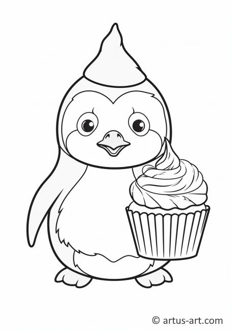 Página para colorear de pingüino con cupcake