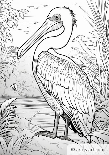 Pelican in a Tropical Paradise Coloring Page