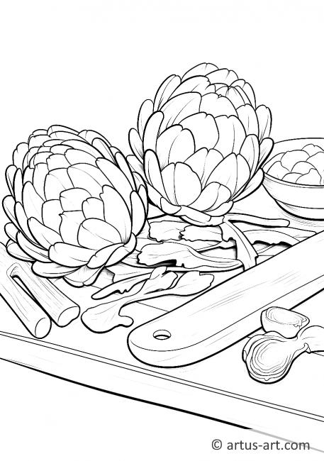 Página para colorear de alcachofa en una tabla de cortar