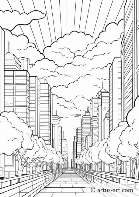 Pagina da colorare del panorama cittadino nuvoloso