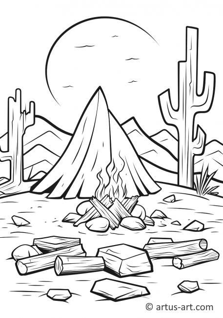 Page de coloriage d'un feu de camp dans le désert
