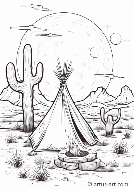 Page de coloriage d'un feu de camp dans le désert