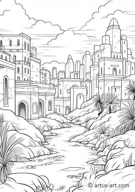 Página para colorear de un oasis en el desierto con una ciudad