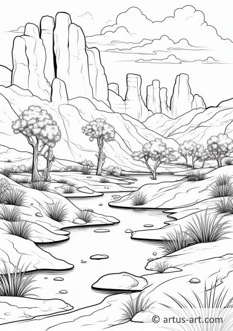 Página para colorear de un oasis en el desierto con un lago