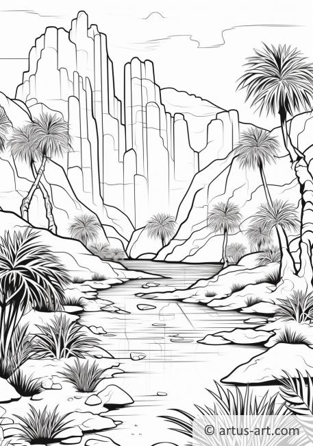 Página para colorear de un oasis en el desierto con una cascada