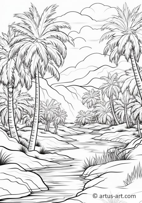 Página para colorear de Oasis del desierto con palmeras datileras