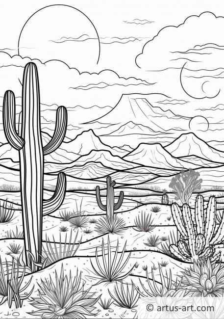 Page de coloriage coucher de soleil dans le désert