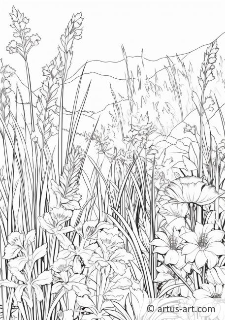 Page de coloriage de prairie avec des fleurs sauvages