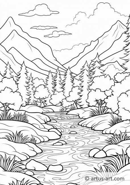 Page de coloriage d'un ruisseau de montagne