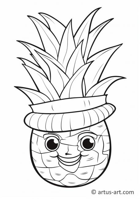 Pagină de colorat cu un ananas cu o pălărie de ananas