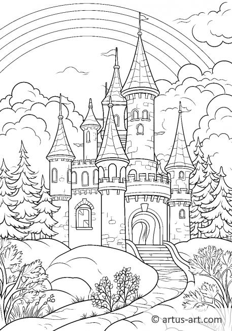 Stránka k vybarvení s duhou a hradem