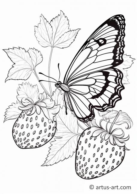 Jahodová stránka k vybarvení s motýlem