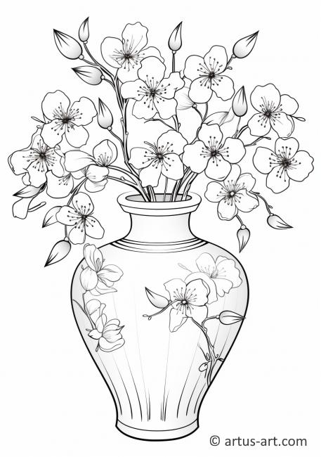 Page de coloriage de fleurs de cerisier dans un vase