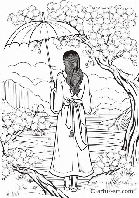 Stránka na vybarvení s deštěm květů sakury