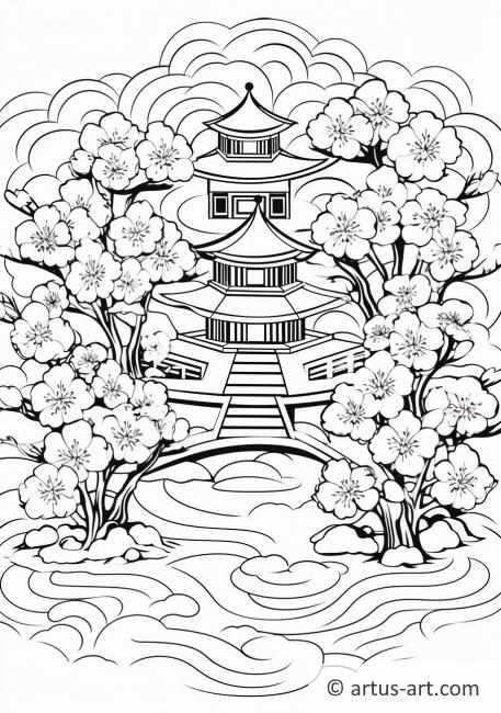 Zenová zahrada s květy třešní - omalovánka