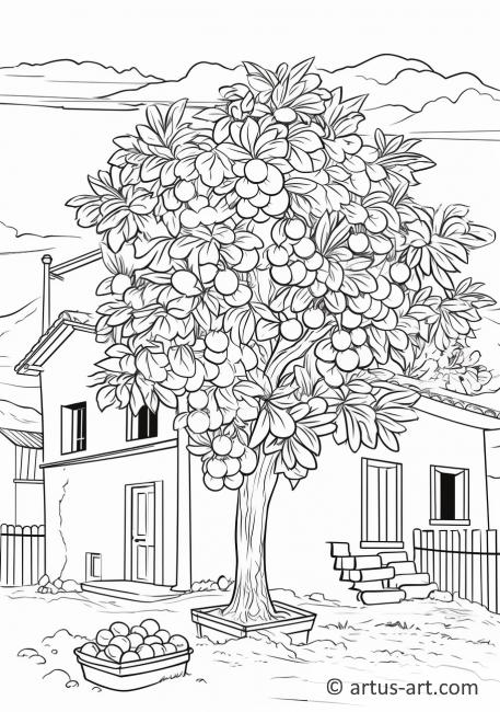 Pagina da colorare di un albero di fico in un villaggio