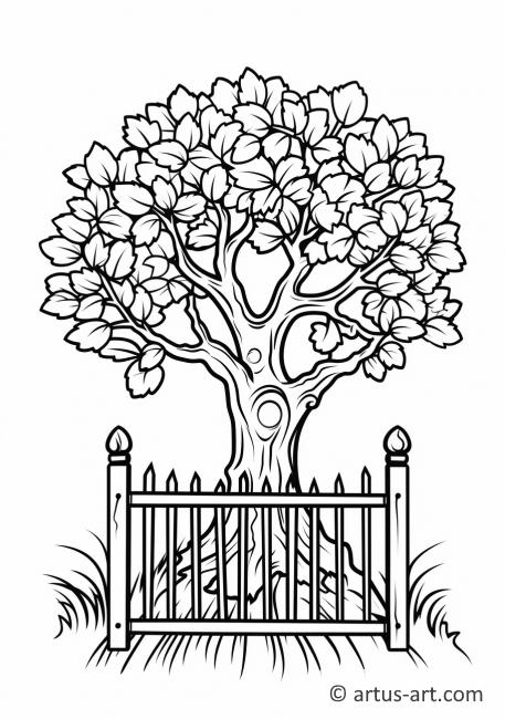 Pagina da colorare di un albero di fico con una recinzione