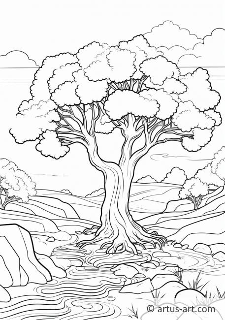 Pagina da colorare con un albero di fico e un sentiero
