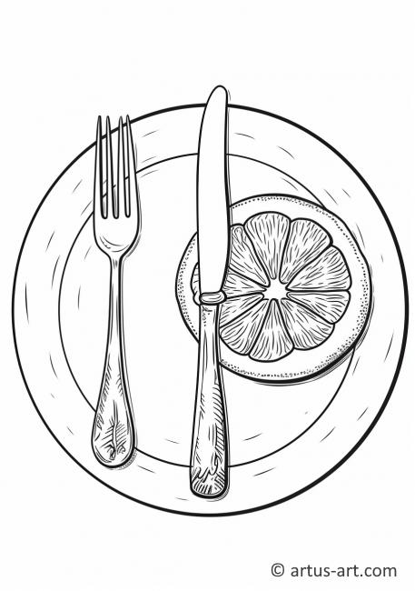 Pagina de colorat cu grepfrut, lingură și furculiță